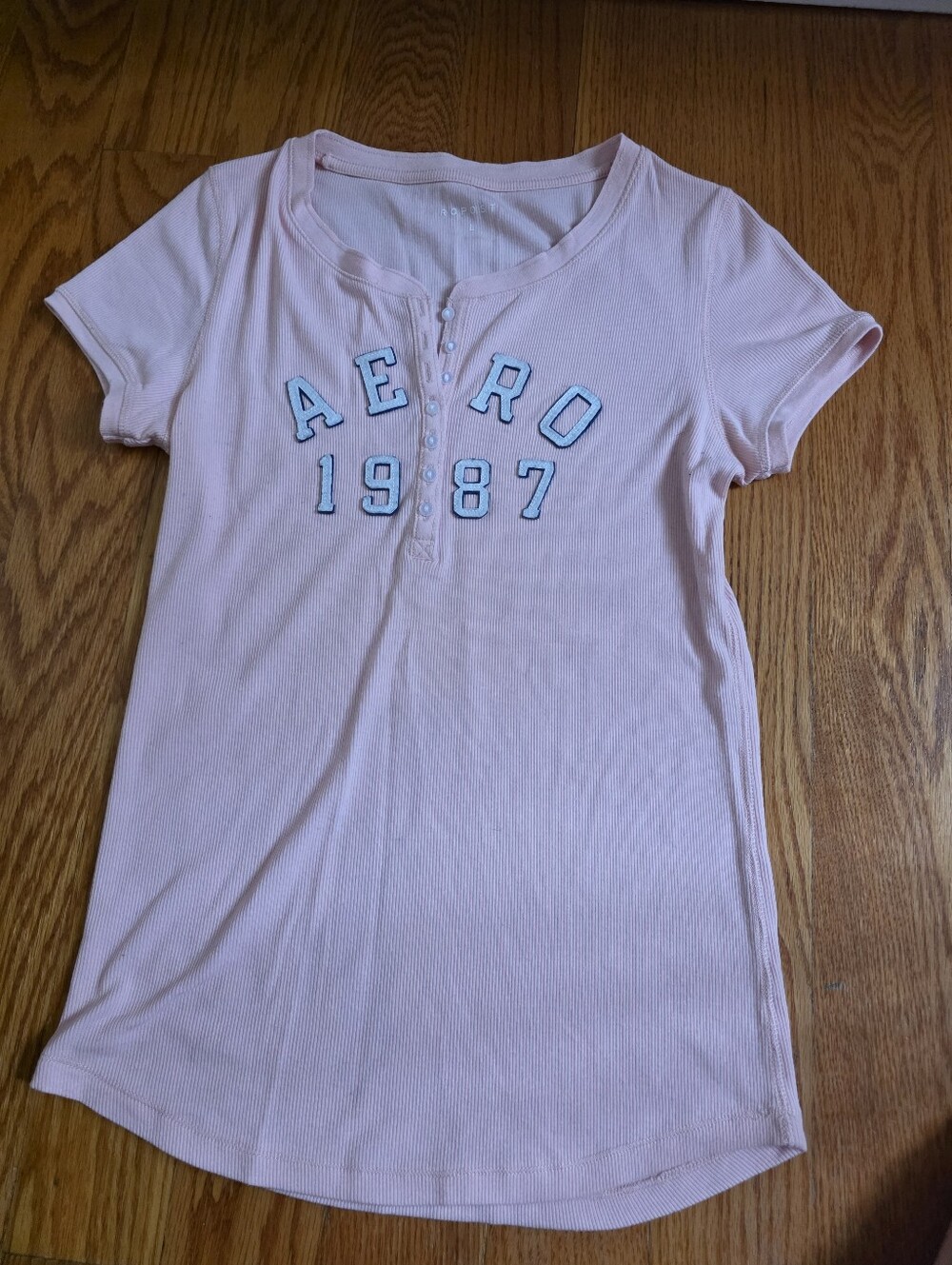Aeropostale Aero 1987 Graphic Henley In Light Pink, LARGE